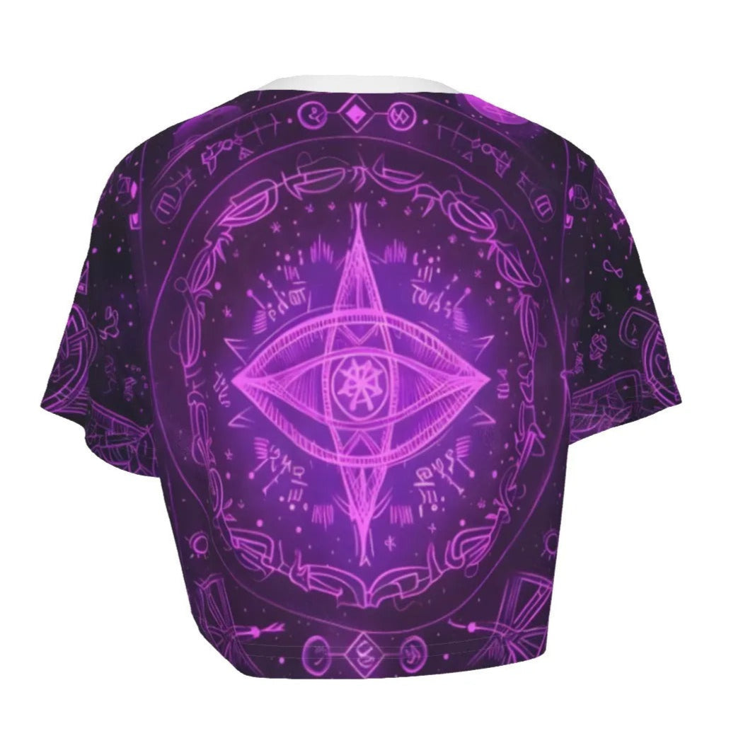 Women’s Mystical Fantasy Crop Top, Purple Magic Eye Design with Celestial Symbols & Enchanted Energy for Fantasy Fashion