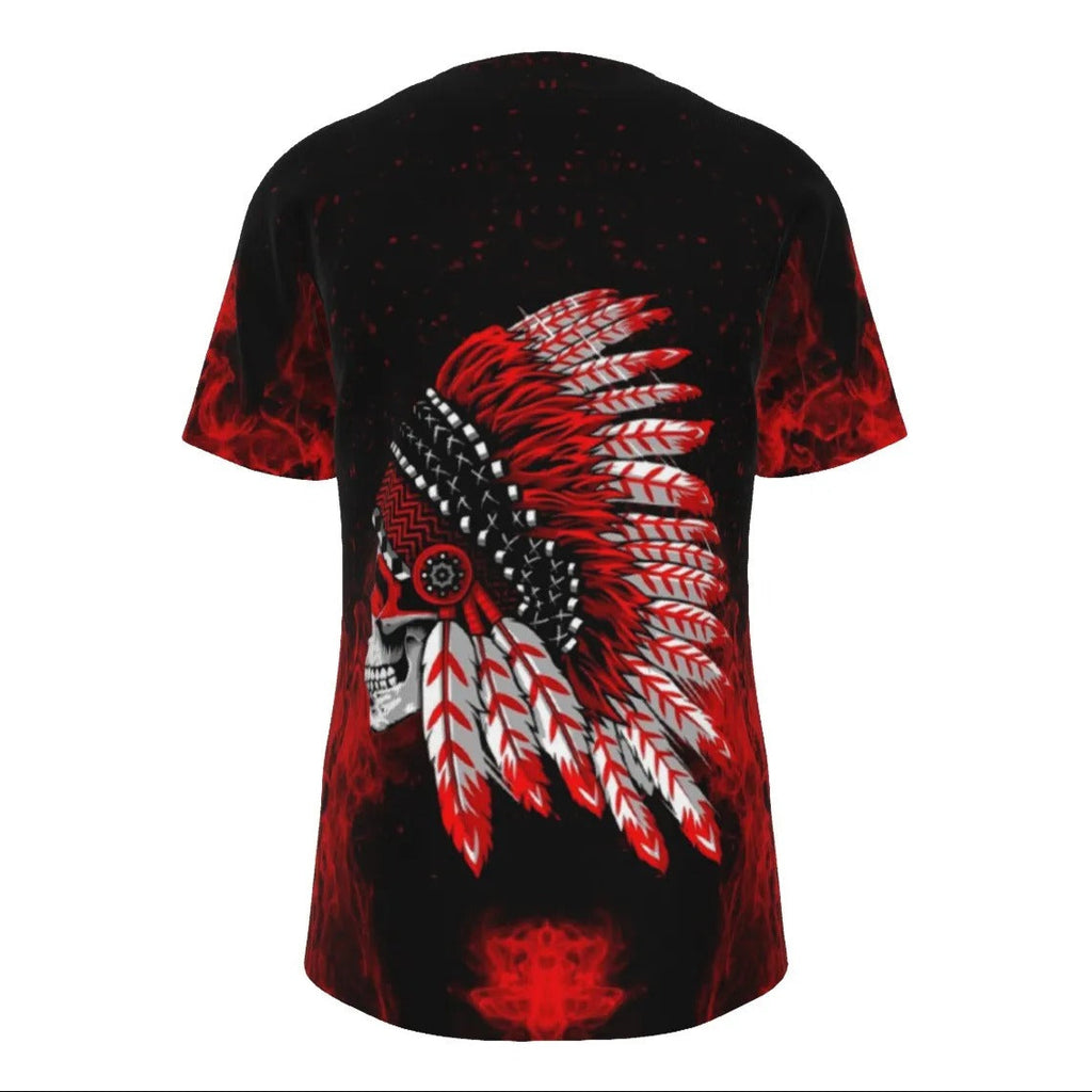 Native American Skull T-Shirt, Red Feather Headdress Tee, Tribal Gothic Shirt, Red Smoke Graphic Tee, Warrior Biker Style