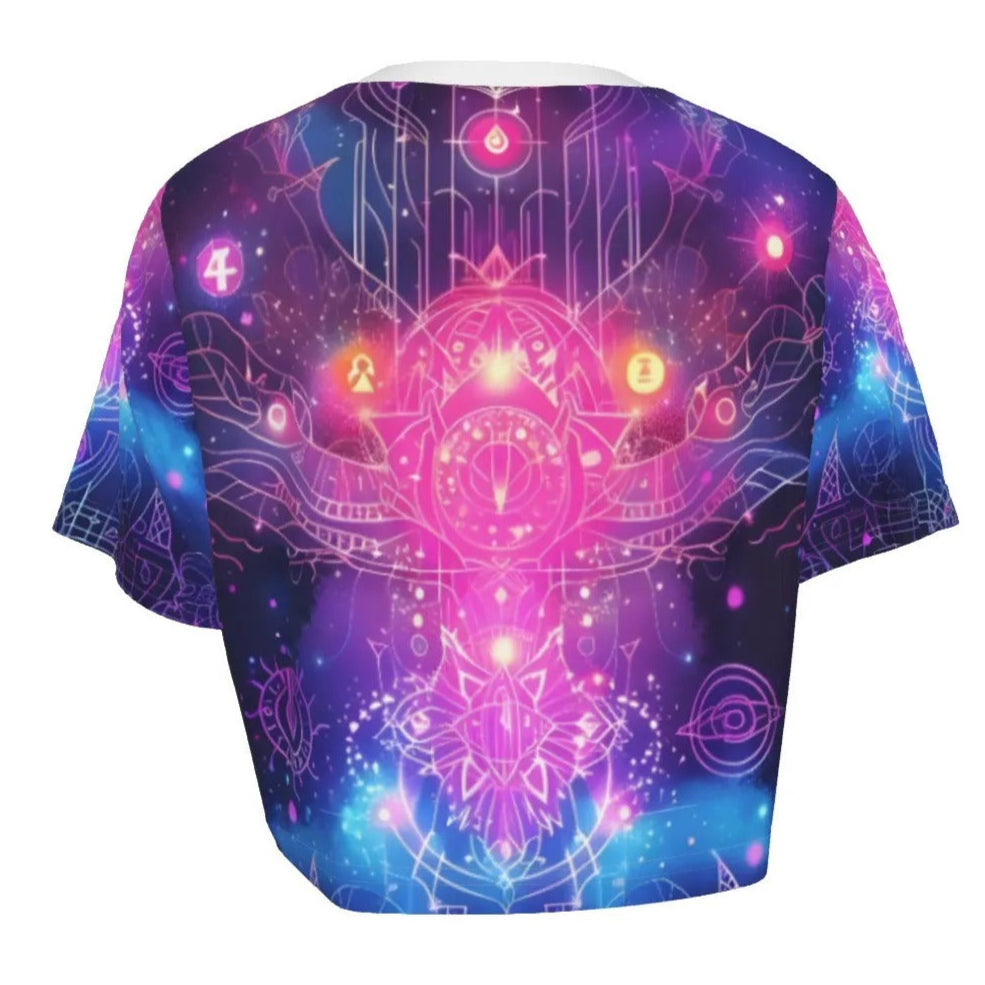 Women’s Cosmic Mysticism Crop Top, Purple Celestial Magic Design with Spiritual Symbols & Energy for Yoga & Meditation