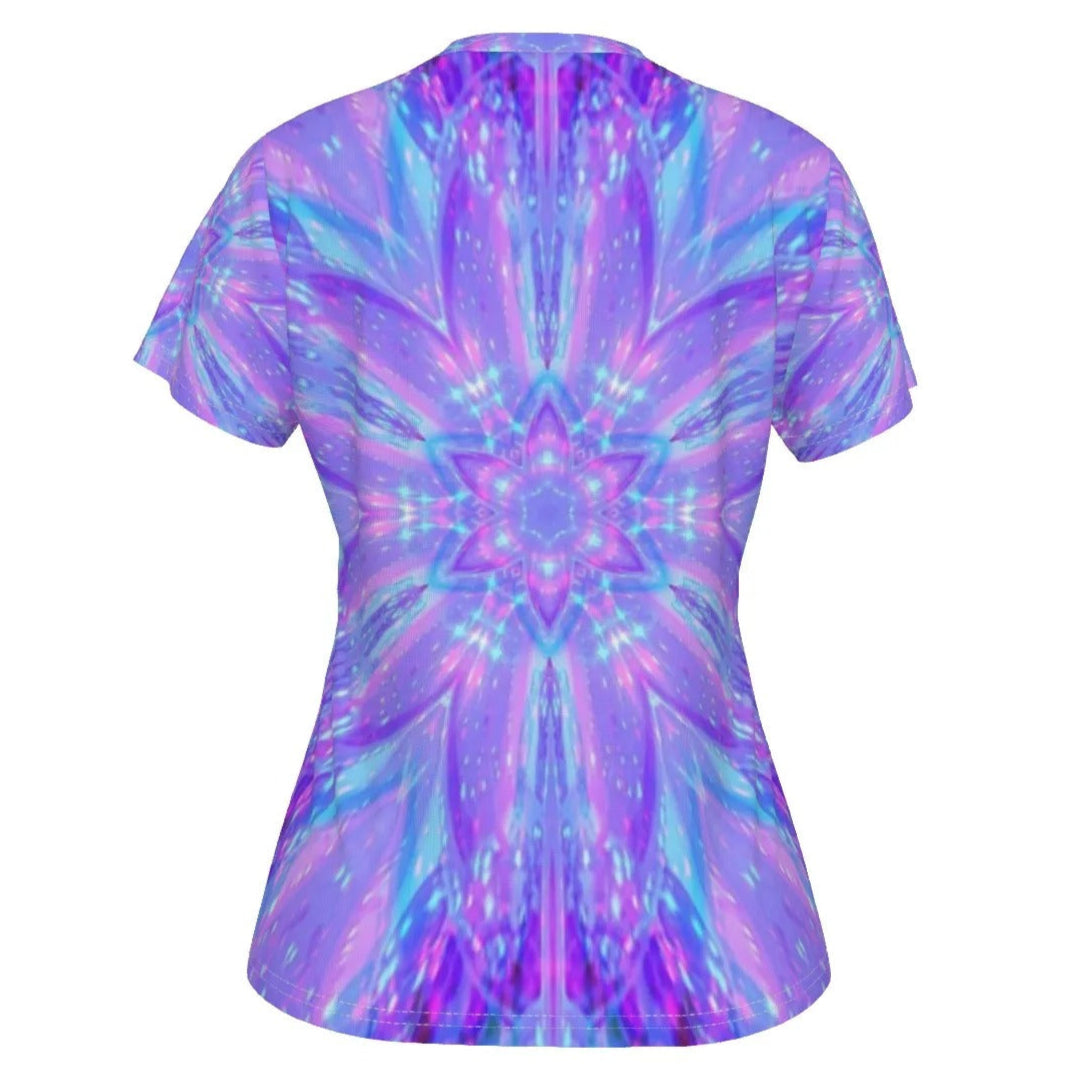Kaleio Galaxy Women’s V-Neck Shirt, Trippy Psychedelic Space Tee, Holographic Mandala Top, Cosmic Festival Clothing for Her