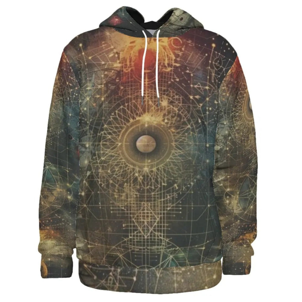 Celestial Alchemy Hoodie, Sacred Geometry Pullover with Cosmic Grid & Mystical Astral Energy Design