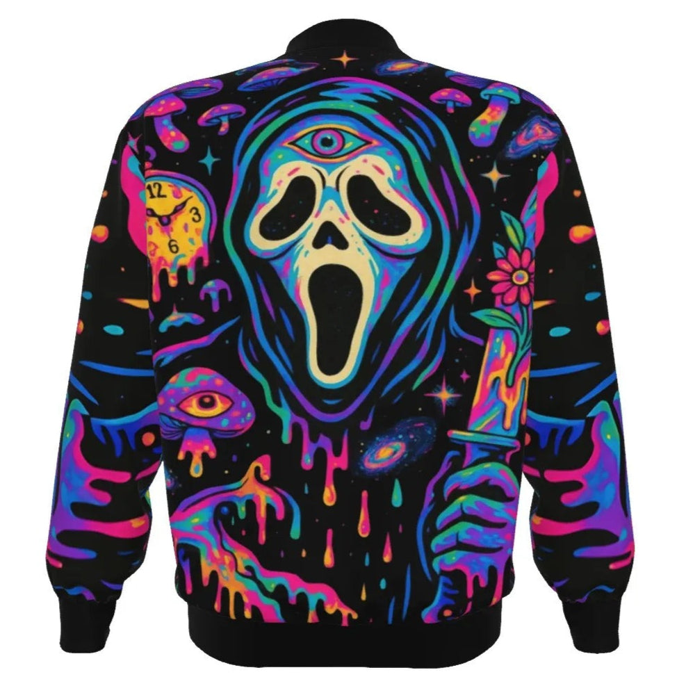 Halloween Costume Ideas, Psychedelic Halloween Mushrooms Bomber Jacket, Neon Trippy Mushroom Outerwear, Spooky Halloween Streetwear, Halloween Horror Nights