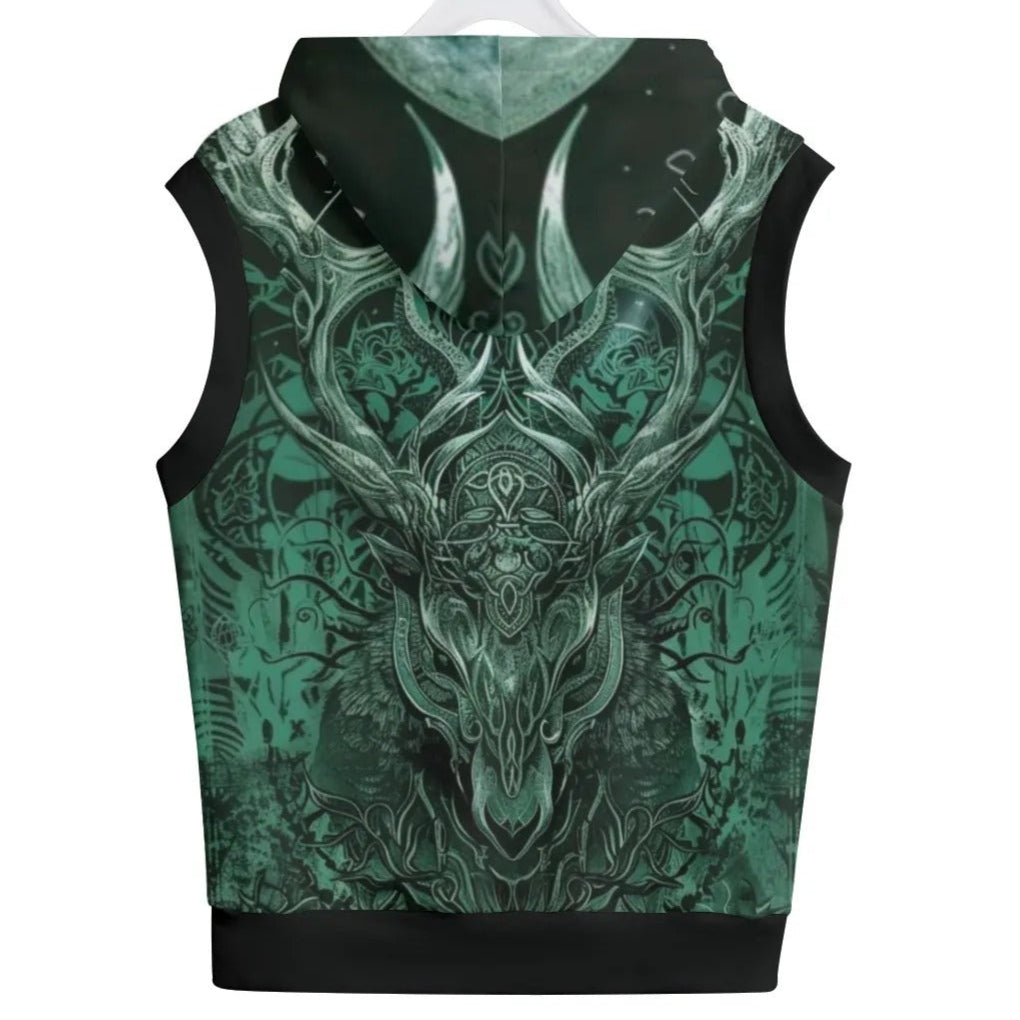 Viking Sleeveless Pullover Hoodie with Antler Design, Norse Mythology Inspired Hoodie, Tribal Graphic Festival Wear, Medieval Fantasy Clothing
