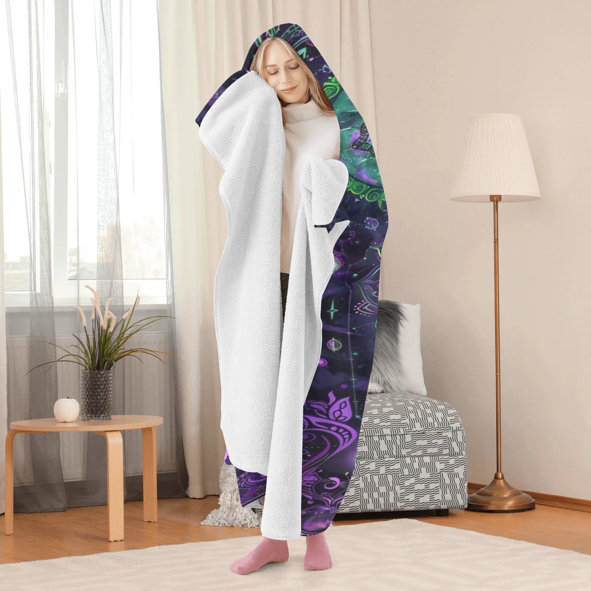 Mystic Aesthetic Hooded Blanket, Mystic Mandala Hooded Blanket, Cosmic Tarot Hooded Blanket, Sacred Geometry Hooded Blanket, Trippy Psychedelic Hooded Blanket, Spiritual Festival Wear