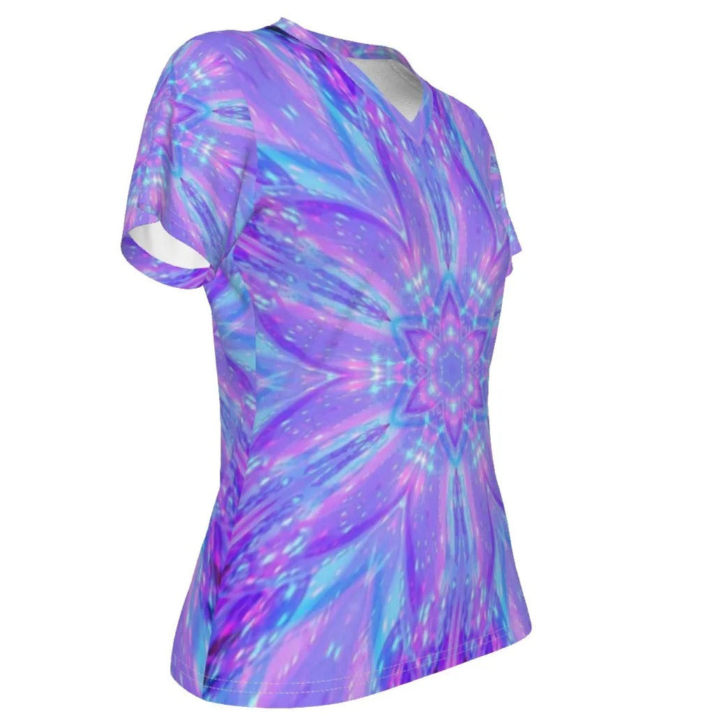 Kaleio Galaxy Women’s V-Neck Shirt, Trippy Psychedelic Space Tee, Holographic Mandala Top, Cosmic Festival Clothing for Her