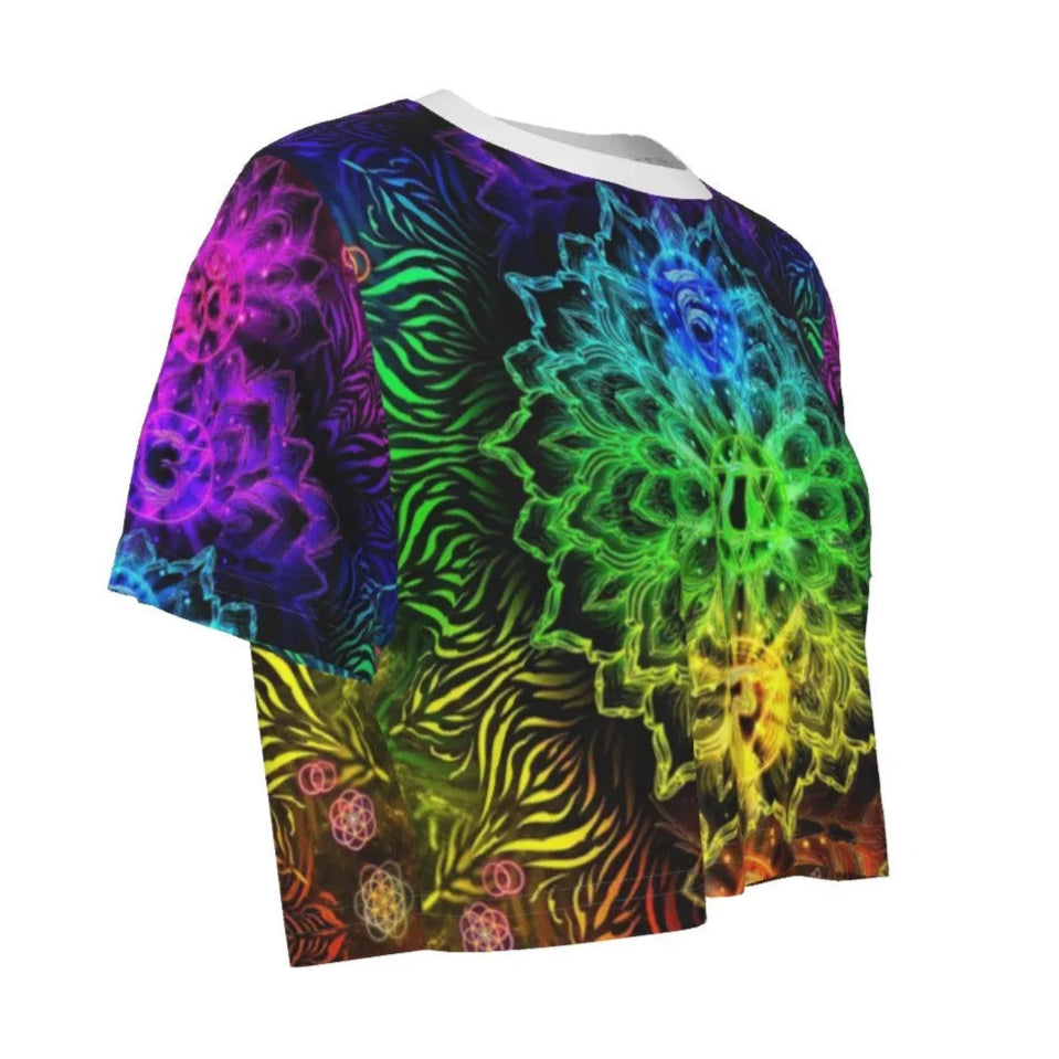 Women’s Sacred Chakras Crop Top, Rainbow Mandala Energy Design with Spiritual Symbols & Chakra Healing for Yoga & Meditation Wear