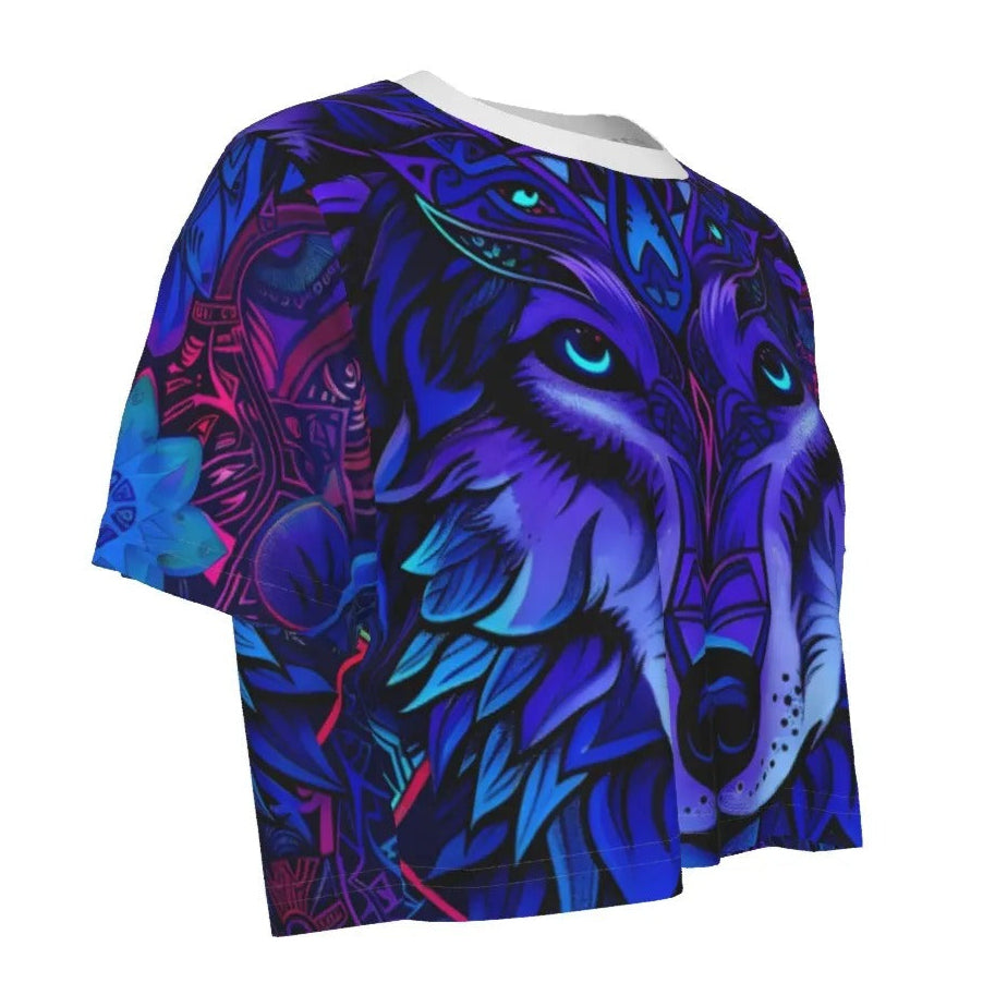 Women’s Wolf Mandala Crop Top, Tribal Spirit Animal Design with Geometric Wolf Art & Vibrant Purple Energy for Mystical Fashion