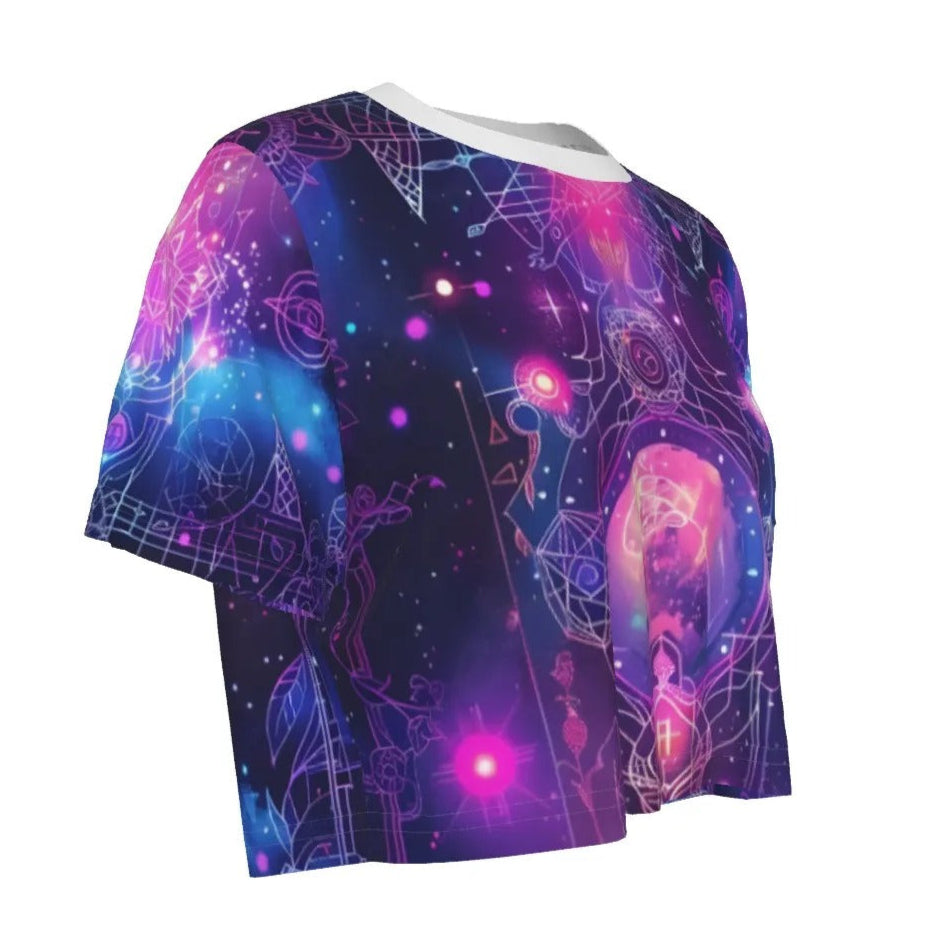 Women’s Cosmic Mysticism Crop Top, Purple Celestial Magic Design with Spiritual Symbols & Energy for Yoga & Meditation