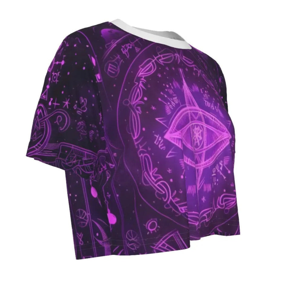 Women’s Mystical Fantasy Crop Top, Purple Magic Eye Design with Celestial Symbols & Enchanted Energy for Fantasy Fashion