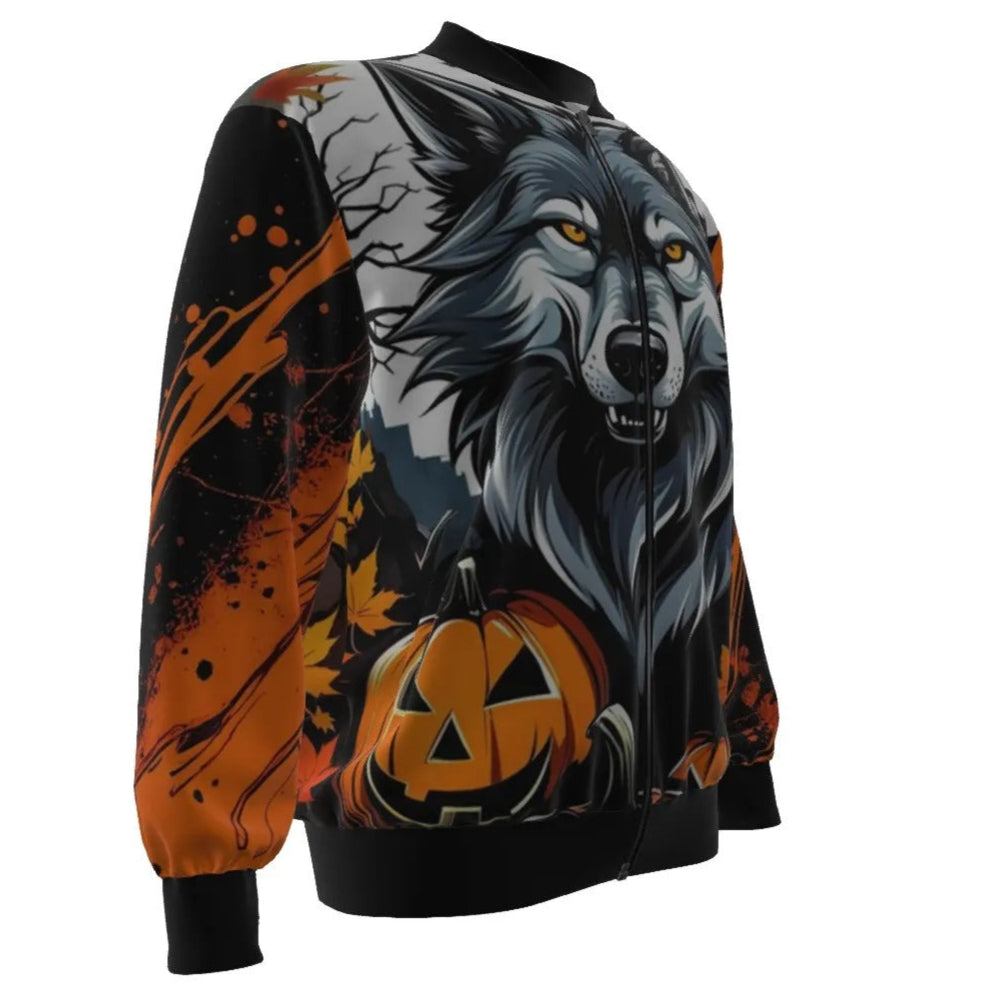 Howling Halloween Costumes Night Wolf Bomber Jacket, Pumpkin Carving Ideas Gothic Outerwear, Halloween Streetwear, Halloween Costume Ideas