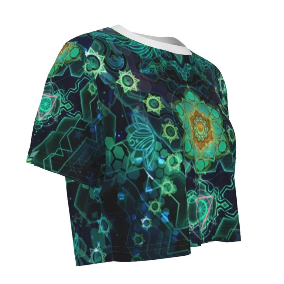 Women’s Yantric Geometry Crop Top, Sacred Mandala Energy Design with Spiritual Symbols & Chakra Pattern for Yoga & Meditation Wear