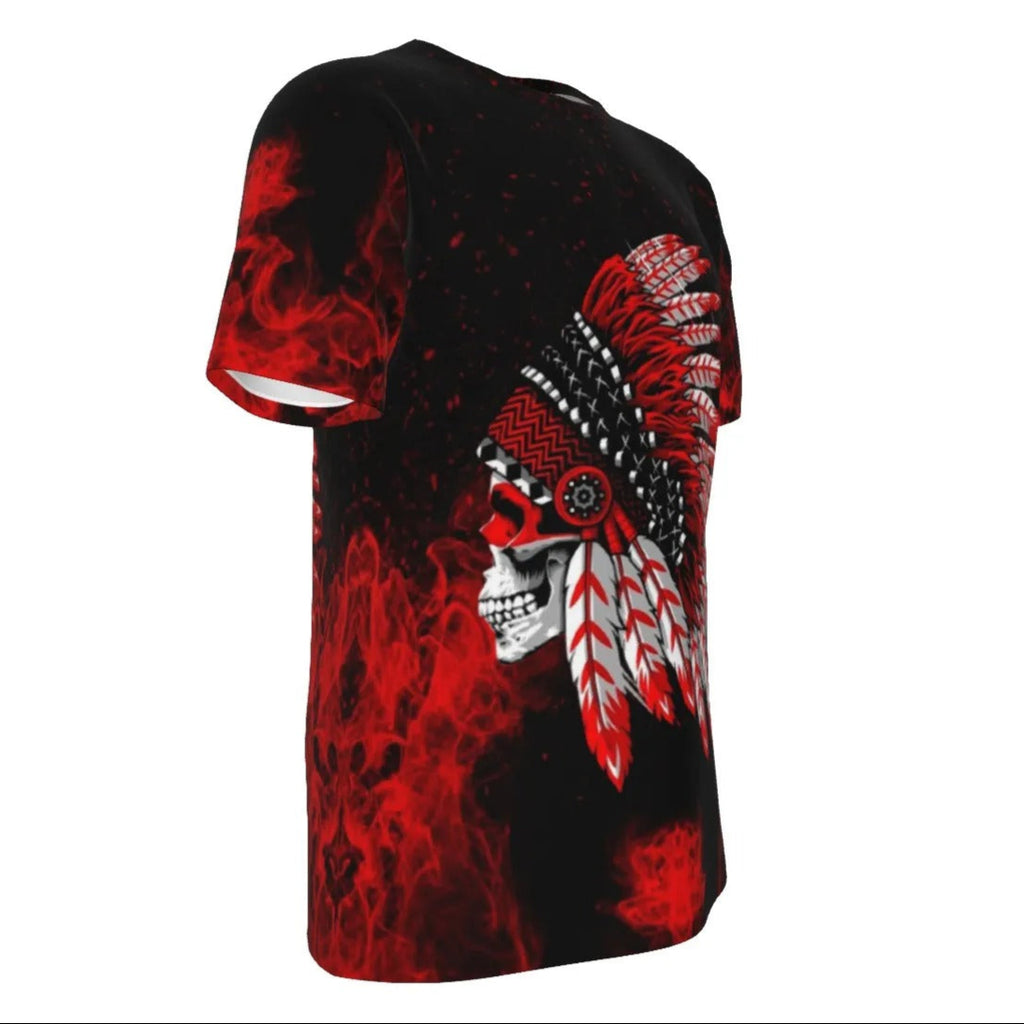 Native American Skull T-Shirt, Red Feather Headdress Tee, Tribal Gothic Shirt, Red Smoke Graphic Tee, Warrior Biker Style