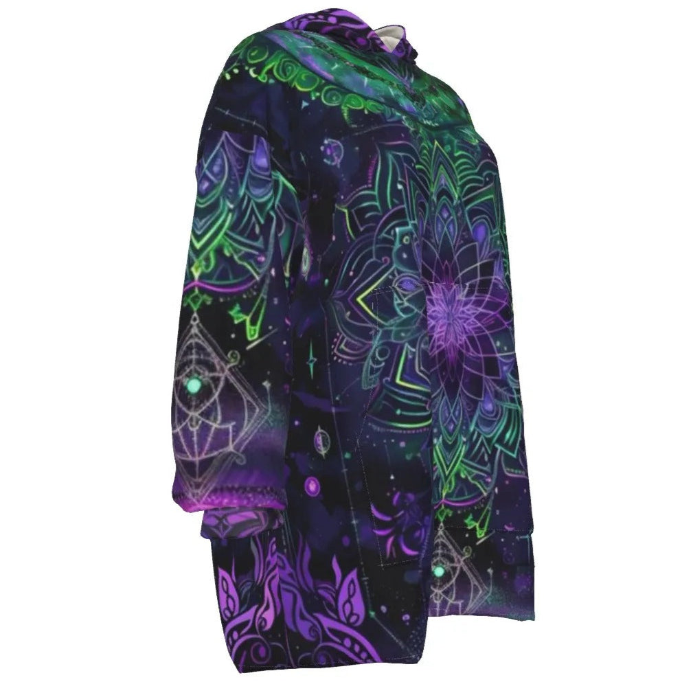 Mystic Aesthetic Women’s Sherpa Fleece Hoodie, Psychedelic Spiritual Sweatshirt, Festival Boho Wear, Vibrant Healing Clothing, Cosmic Symbol Fashion