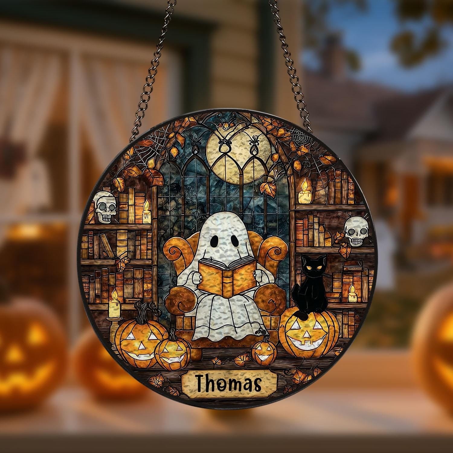 Personalized Ghost Reading Book Stained Glass Suncatcher, Custom Ghost Gothic Halloween Decor, Halloween Window Decor, Book Lover Gift