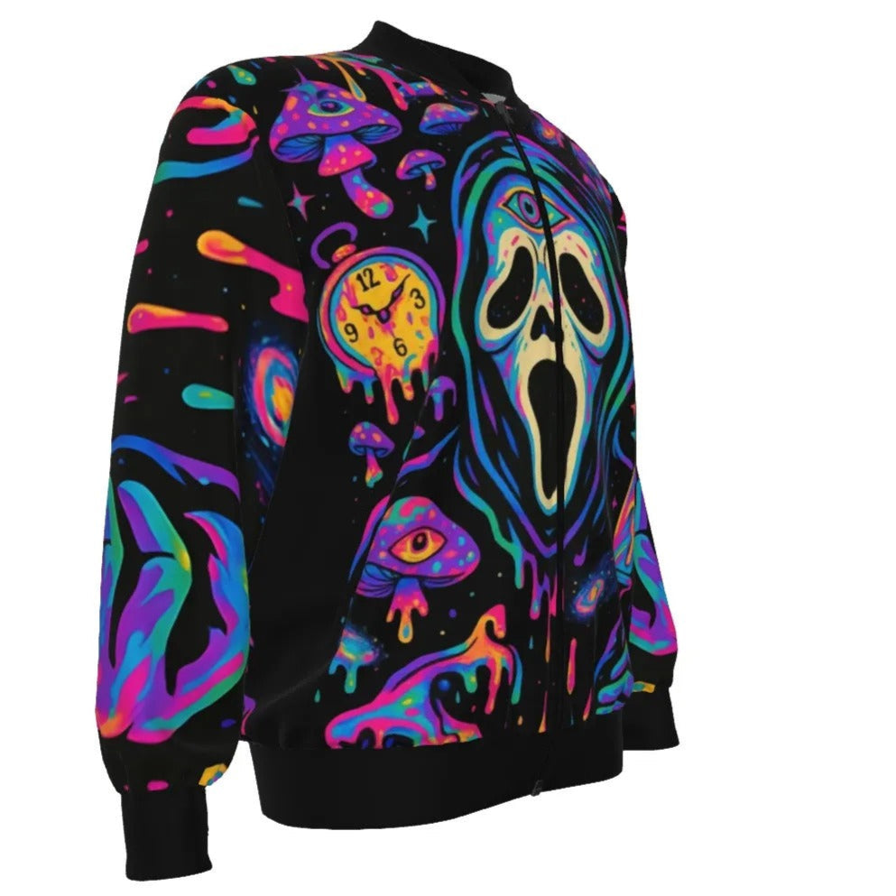 Halloween Costume Ideas, Psychedelic Halloween Mushrooms Bomber Jacket, Neon Trippy Mushroom Outerwear, Spooky Halloween Streetwear, Halloween Horror Nights
