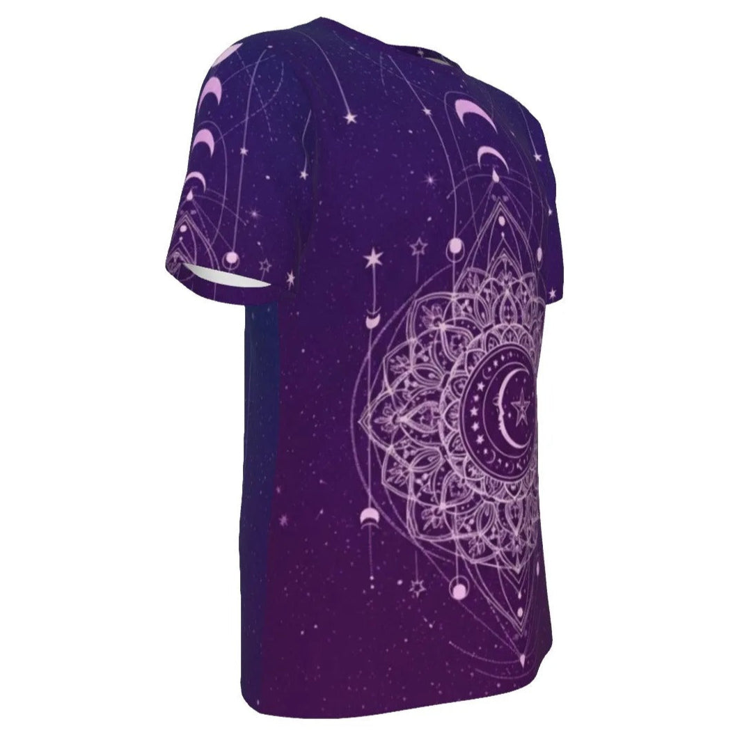 Mystic Lunar Mandala T-Shirt, Moon Phase Spiritual Tee, Celestial Lotus Graphic Shirt, Sacred Geometry Cosmic Top, Boho Mystic Style