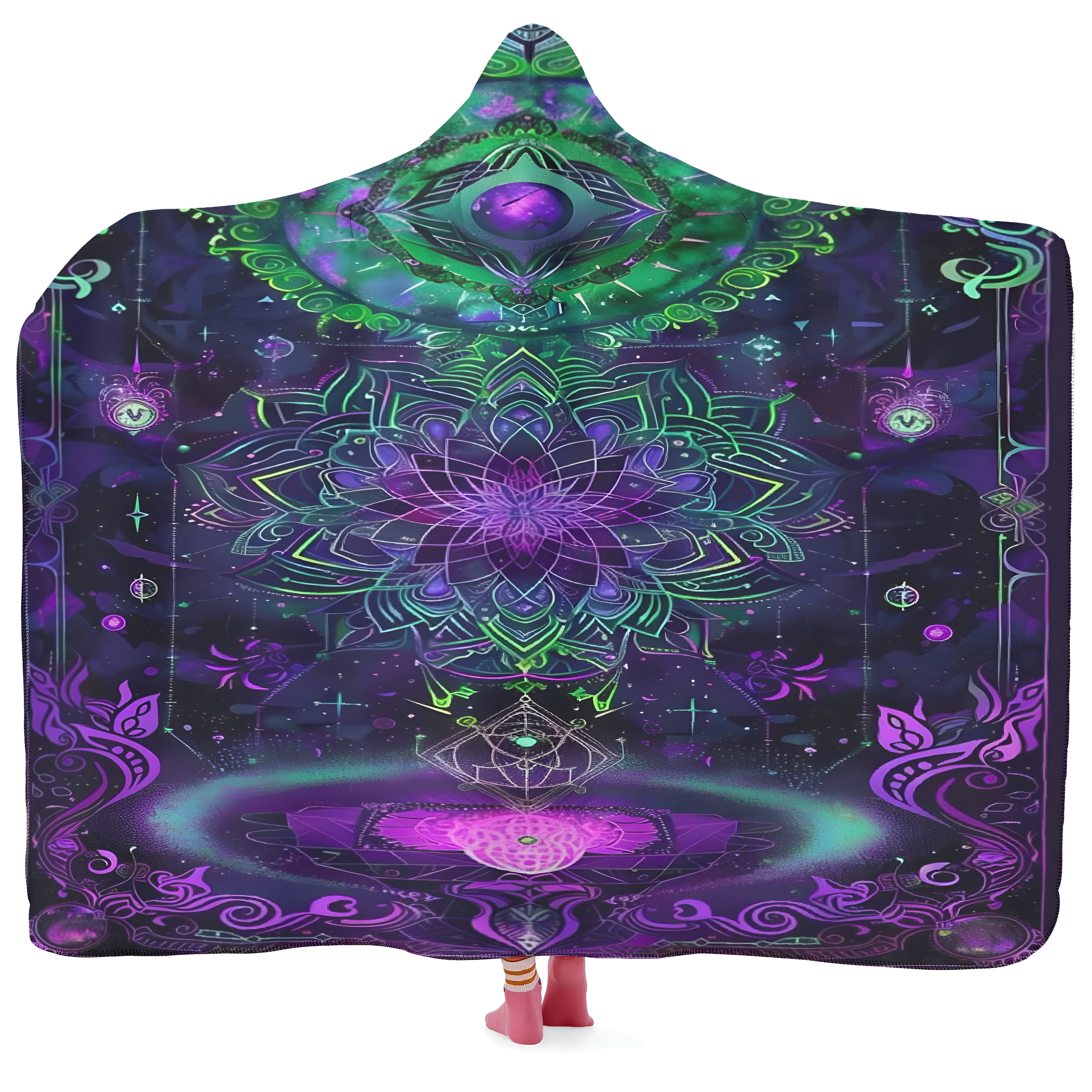 Mystic Aesthetic Hooded Blanket, Mystic Mandala Hooded Blanket, Cosmic Tarot Hooded Blanket, Sacred Geometry Hooded Blanket, Trippy Psychedelic Hooded Blanket, Spiritual Festival Wear