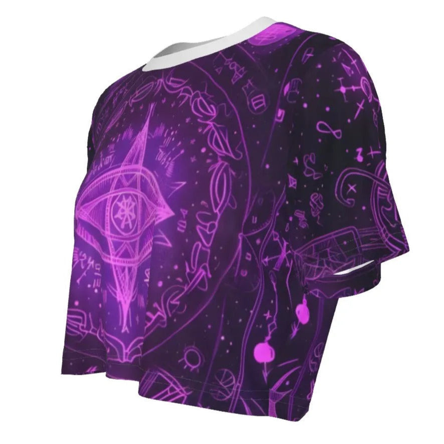 Women’s Mystical Fantasy Crop Top, Purple Magic Eye Design with Celestial Symbols & Enchanted Energy for Fantasy Fashion