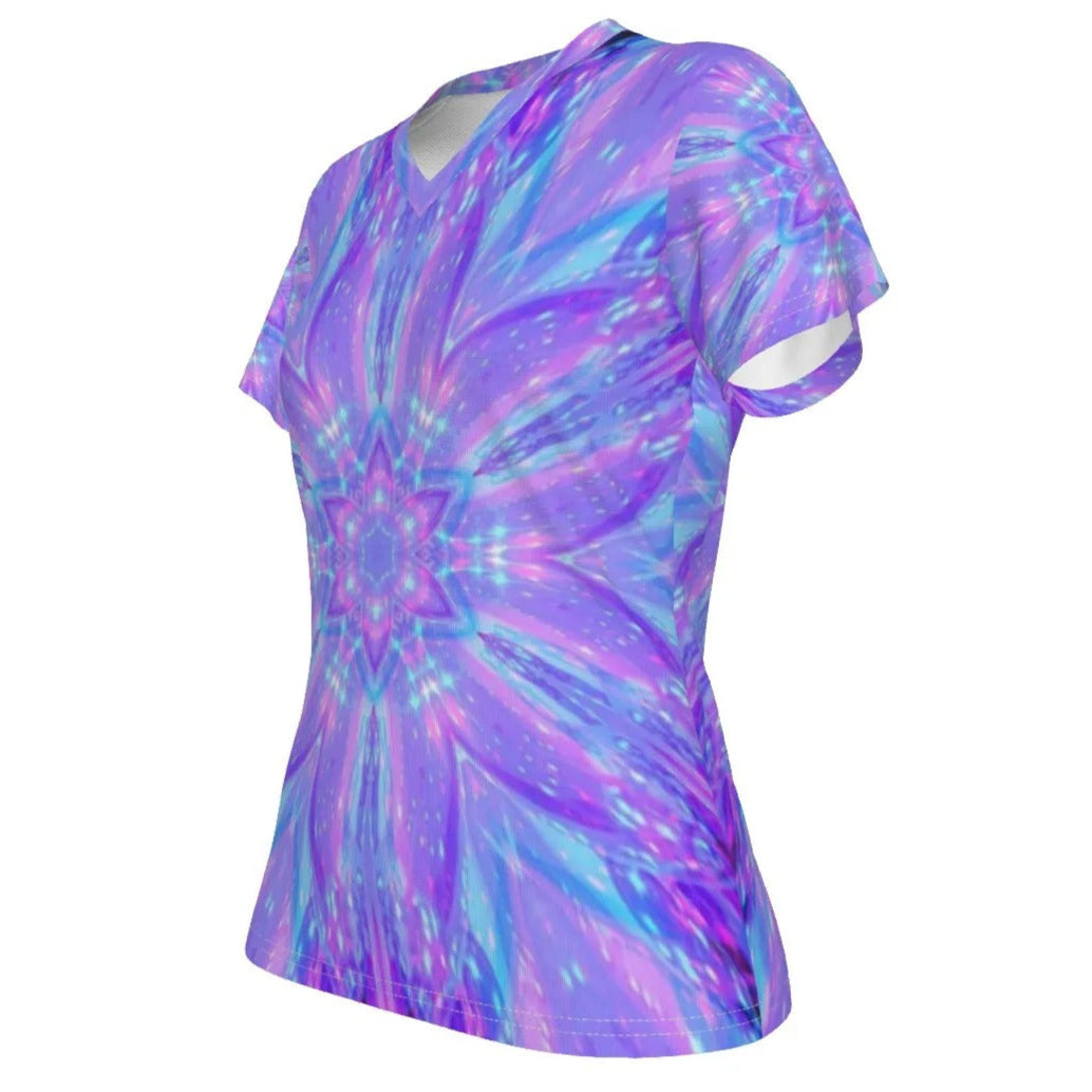 Kaleio Galaxy Women’s V-Neck Shirt, Trippy Psychedelic Space Tee, Holographic Mandala Top, Cosmic Festival Clothing for Her