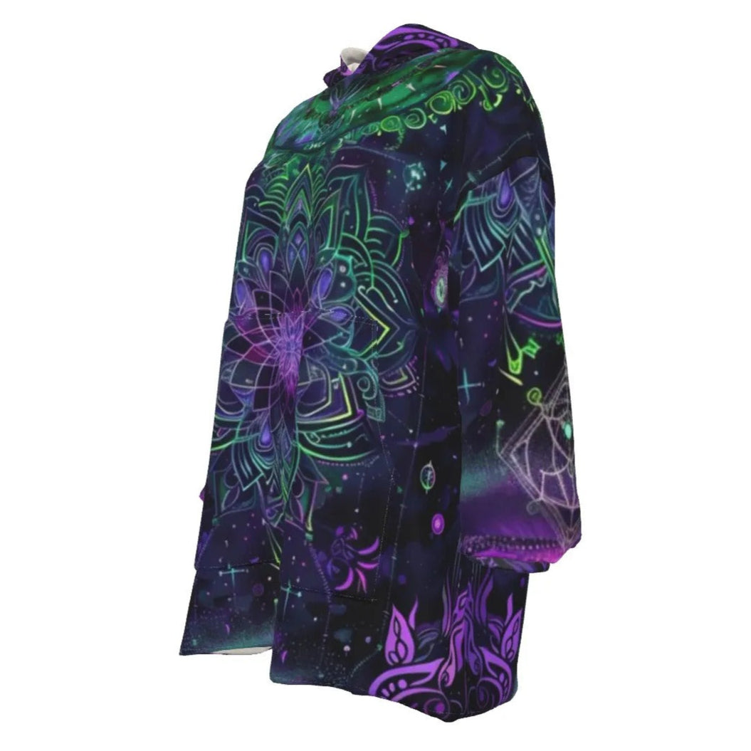 Mystic Aesthetic Women’s Sherpa Fleece Hoodie, Psychedelic Spiritual Sweatshirt, Festival Boho Wear, Vibrant Healing Clothing, Cosmic Symbol Fashion