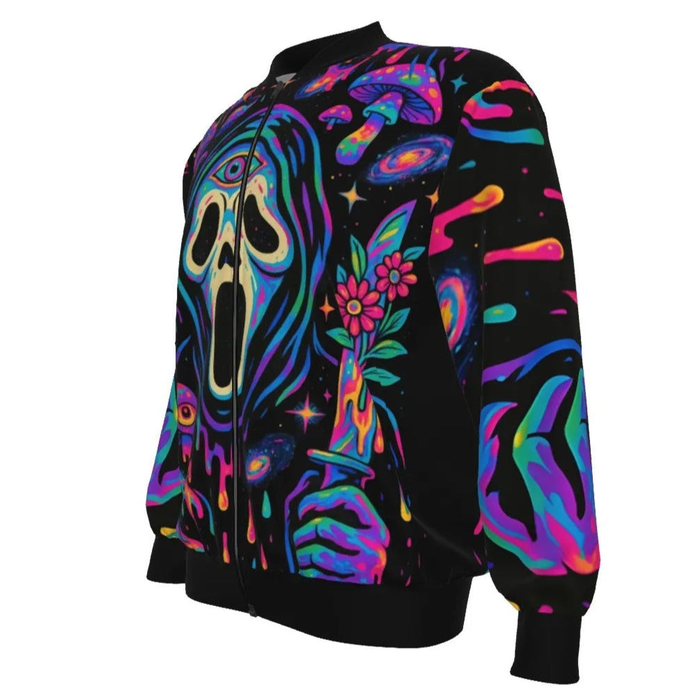 Halloween Costume Ideas, Psychedelic Halloween Mushrooms Bomber Jacket, Neon Trippy Mushroom Outerwear, Spooky Halloween Streetwear, Halloween Horror Nights