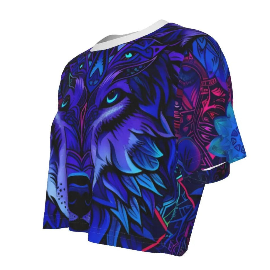Women’s Wolf Mandala Crop Top, Tribal Spirit Animal Design with Geometric Wolf Art & Vibrant Purple Energy for Mystical Fashion