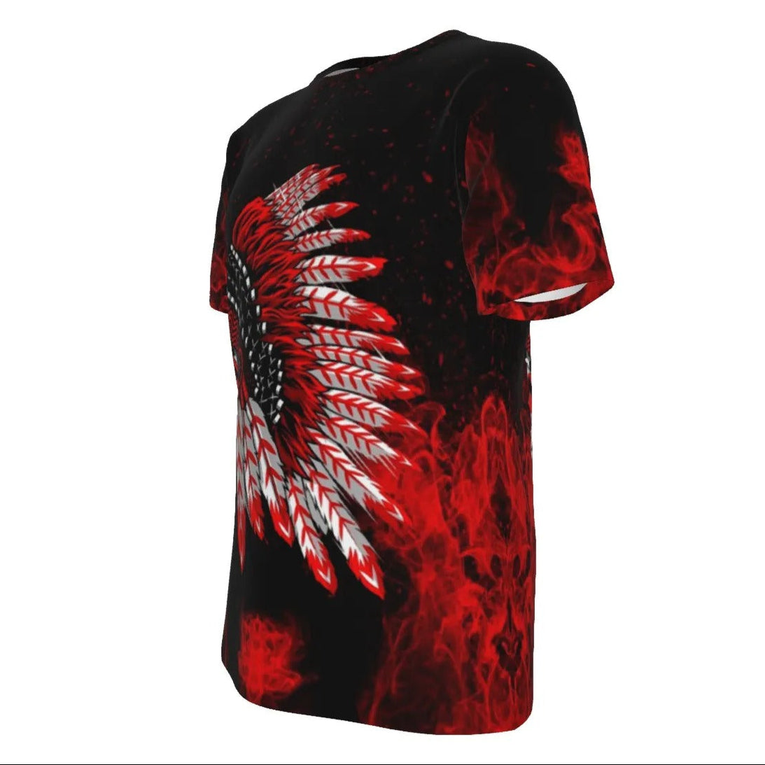 Native American Skull T-Shirt, Red Feather Headdress Tee, Tribal Gothic Shirt, Red Smoke Graphic Tee, Warrior Biker Style