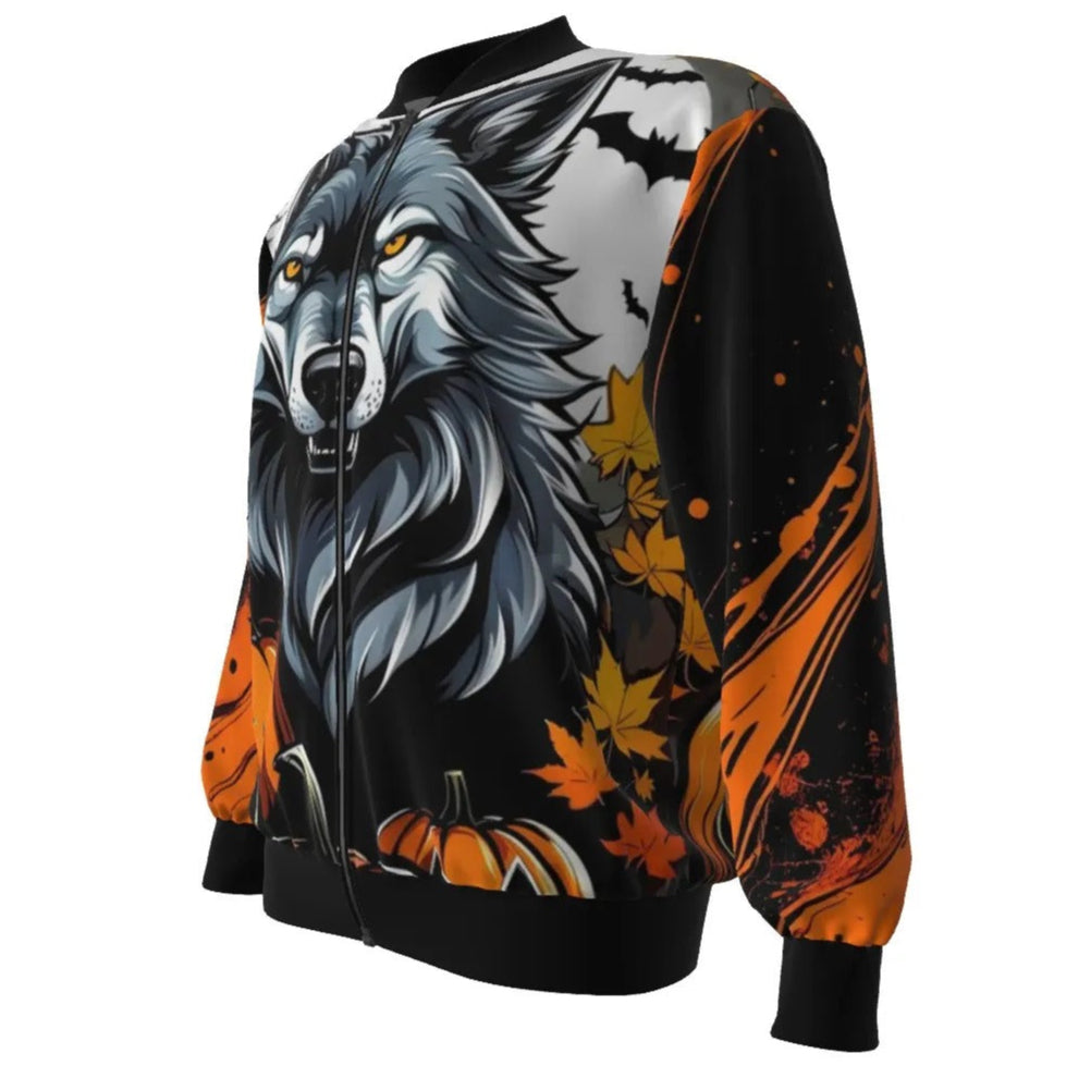 Howling Halloween Costumes Night Wolf Bomber Jacket, Pumpkin Carving Ideas Gothic Outerwear, Halloween Streetwear, Halloween Costume Ideas