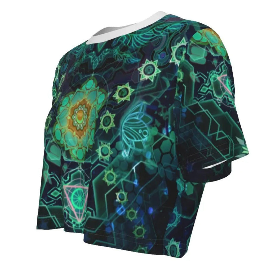 Women’s Yantric Geometry Crop Top, Sacred Mandala Energy Design with Spiritual Symbols & Chakra Pattern for Yoga & Meditation Wear