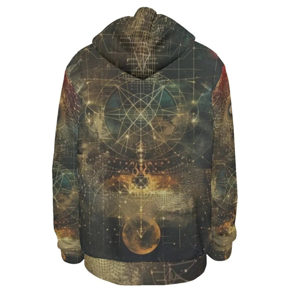Celestial Alchemy Hoodie, Sacred Geometry Pullover with Cosmic Grid & Mystical Astral Energy Design