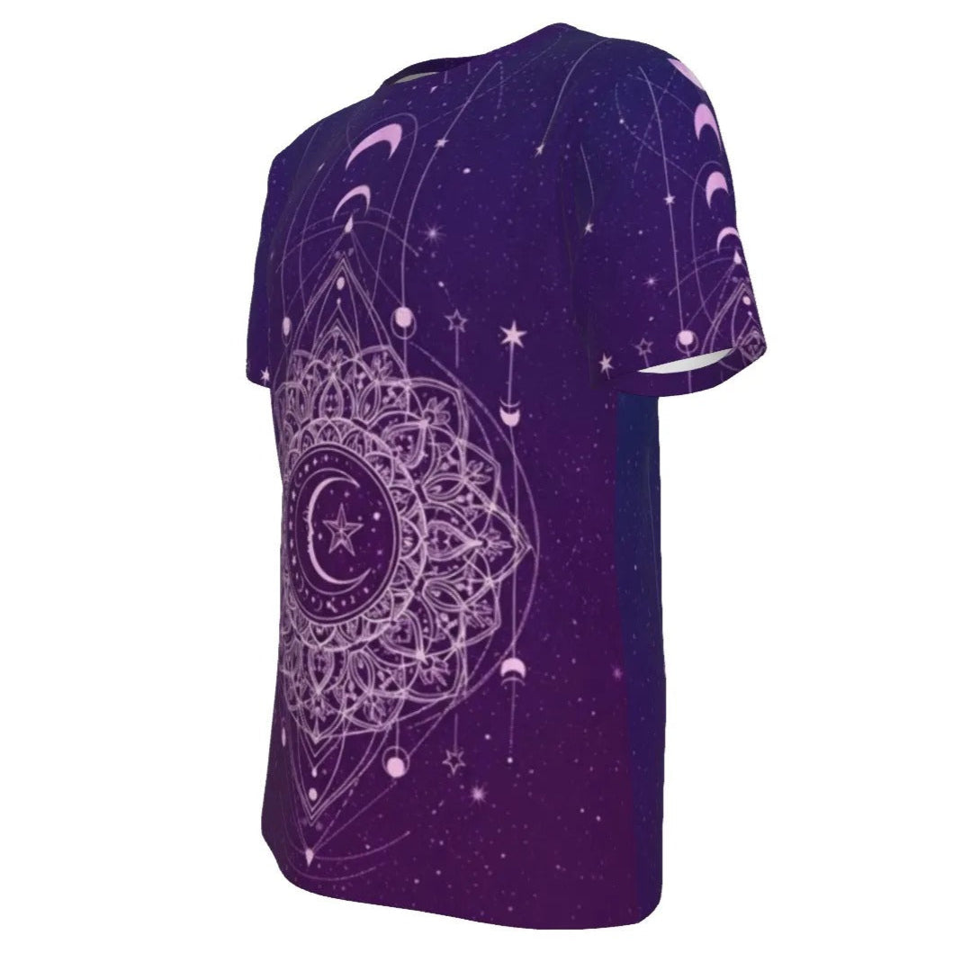 Mystic Lunar Mandala T-Shirt, Moon Phase Spiritual Tee, Celestial Lotus Graphic Shirt, Sacred Geometry Cosmic Top, Boho Mystic Style
