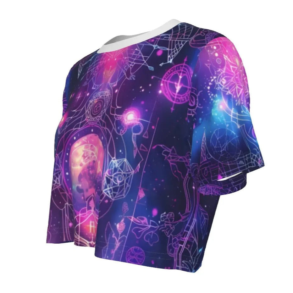 Women’s Cosmic Mysticism Crop Top, Purple Celestial Magic Design with Spiritual Symbols & Energy for Yoga & Meditation