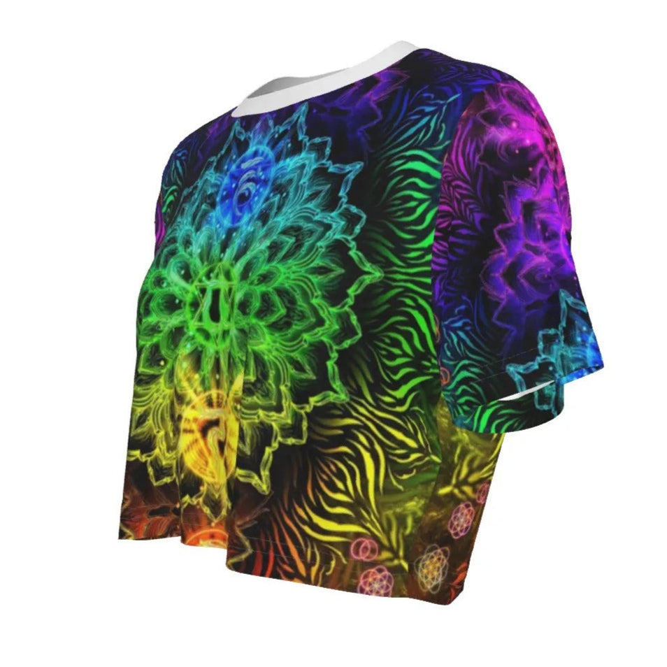 Women’s Sacred Chakras Crop Top, Rainbow Mandala Energy Design with Spiritual Symbols & Chakra Healing for Yoga & Meditation Wear