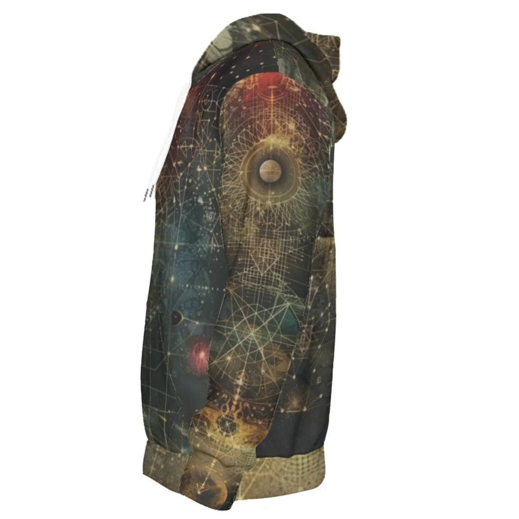 Celestial Alchemy Hoodie, Sacred Geometry Pullover with Cosmic Grid & Mystical Astral Energy Design