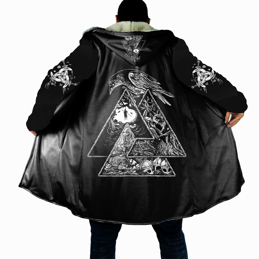 Valknut Raven Viking Cloak, Norse Warrior Hooded Robe, Odin’s Symbol Sherpa Blanket Hoodie, Nordic Mythology Cape for Men & Women