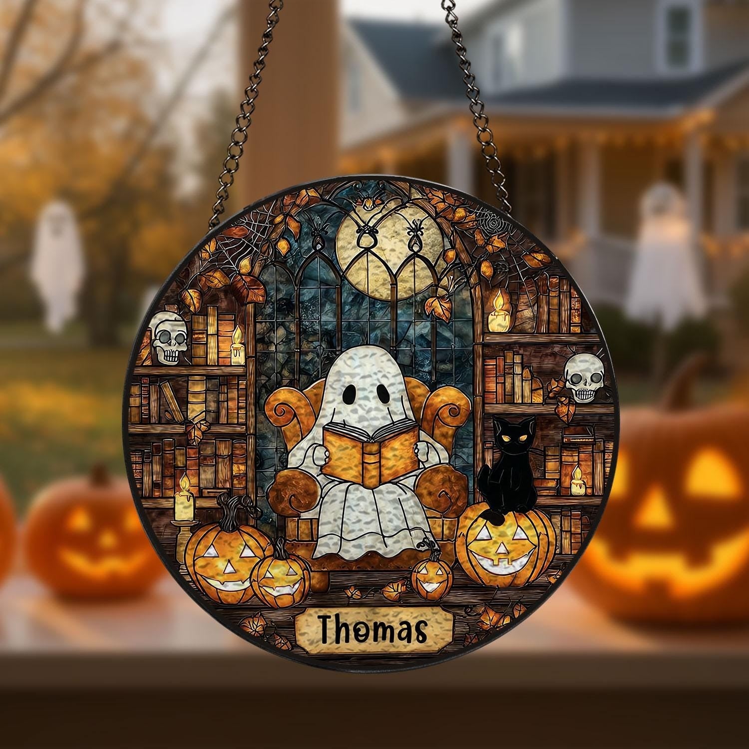 Personalized Ghost Reading Book Stained Glass Suncatcher, Custom Ghost Gothic Halloween Decor, Halloween Window Decor, Book Lover Gift