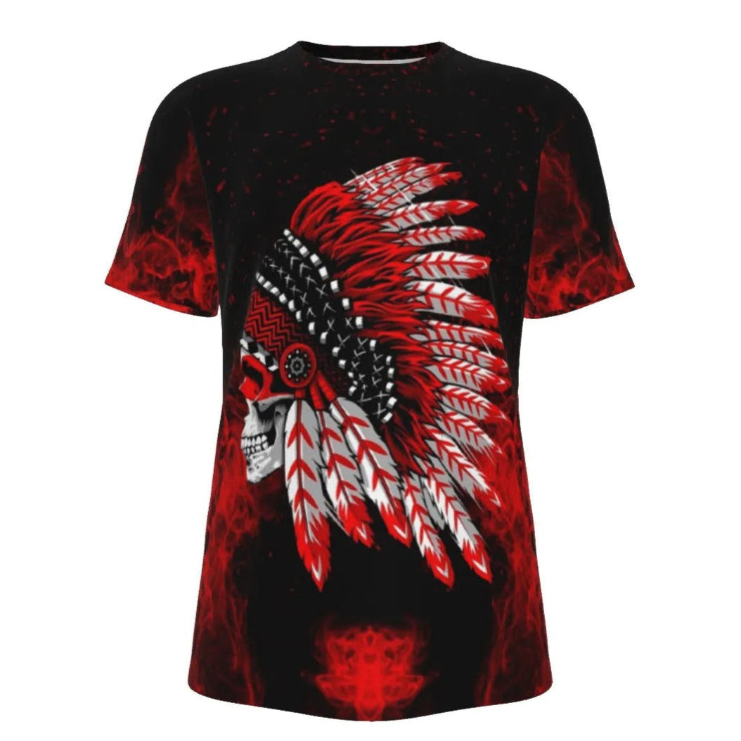 Native American Skull T-Shirt, Red Feather Headdress Tee, Tribal Gothic Shirt, Red Smoke Graphic Tee, Warrior Biker Style