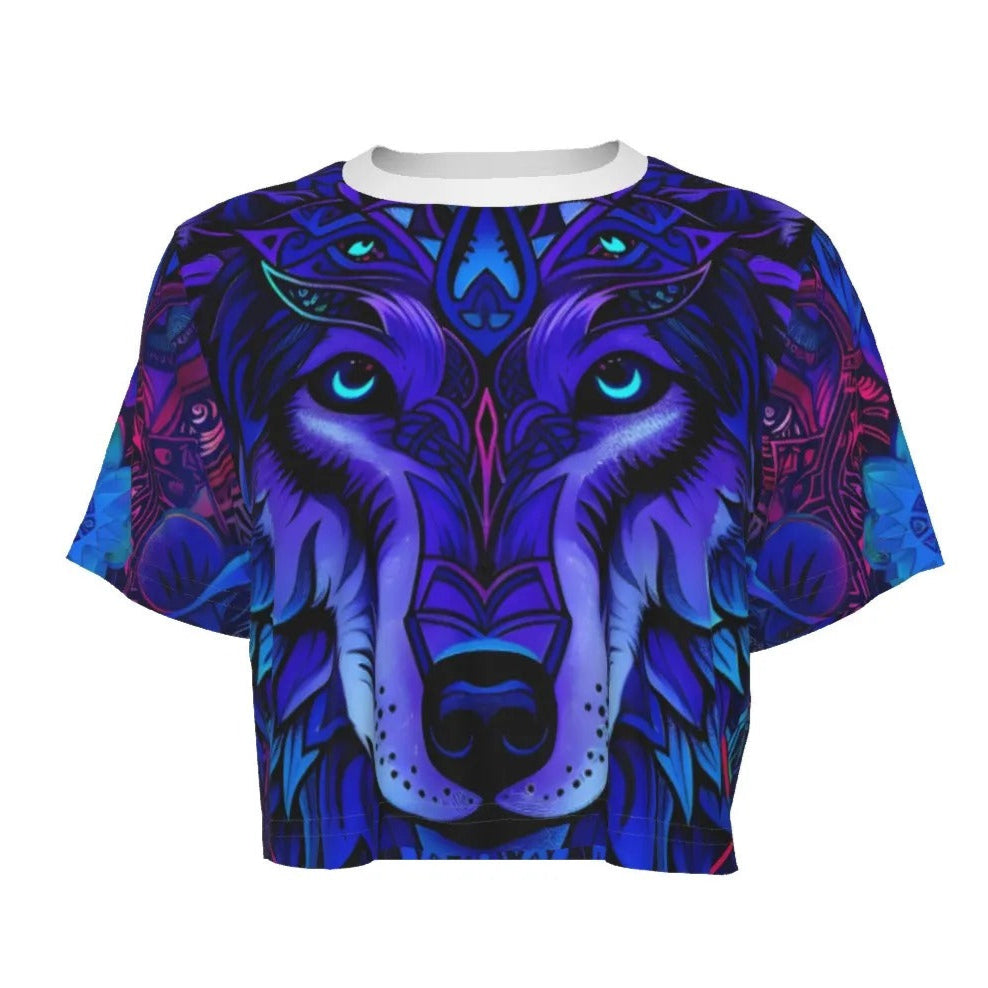 Women’s Wolf Mandala Crop Top, Tribal Spirit Animal Design with Geometric Wolf Art & Vibrant Purple Energy for Mystical Fashion