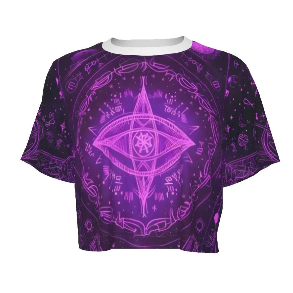 Women’s Mystical Fantasy Crop Top, Purple Magic Eye Design with Celestial Symbols & Enchanted Energy for Fantasy Fashion