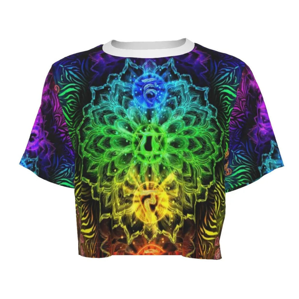 Women’s Sacred Chakras Crop Top, Rainbow Mandala Energy Design with Spiritual Symbols & Chakra Healing for Yoga & Meditation Wear