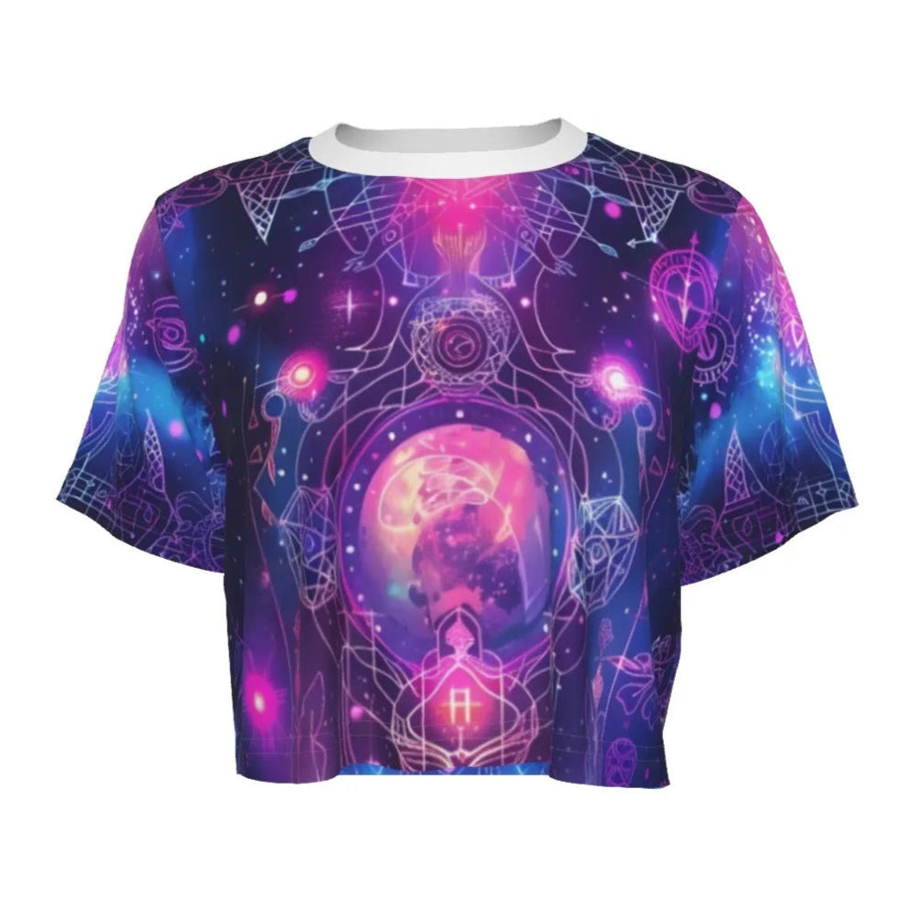 Women’s Cosmic Mysticism Crop Top, Purple Celestial Magic Design with Spiritual Symbols & Energy for Yoga & Meditation