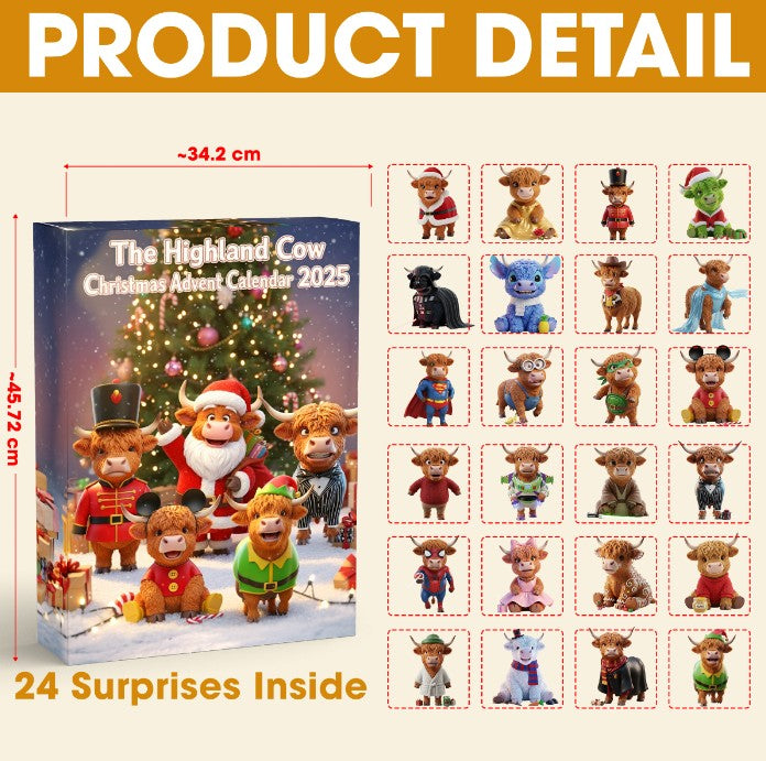 Highland Cow Christmas Advent Calendar 2025, Cute Farm Animal Mini Figures, 24 Days Holiday Surprise Collectible Gift