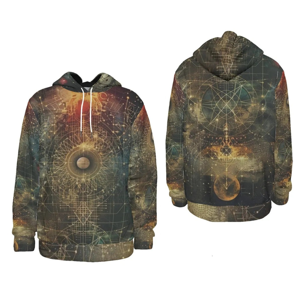 Celestial Alchemy Hoodie, Sacred Geometry Pullover with Cosmic Grid & Mystical Astral Energy Design