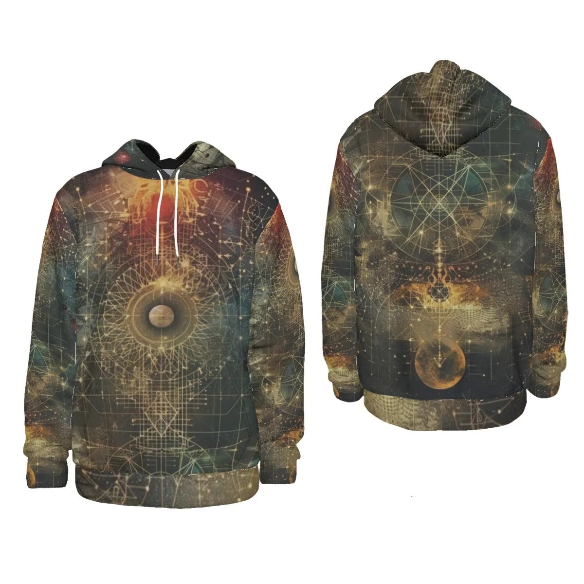 Celestial Alchemy Hoodie, Sacred Geometry Pullover with Cosmic Grid & Mystical Astral Energy Design