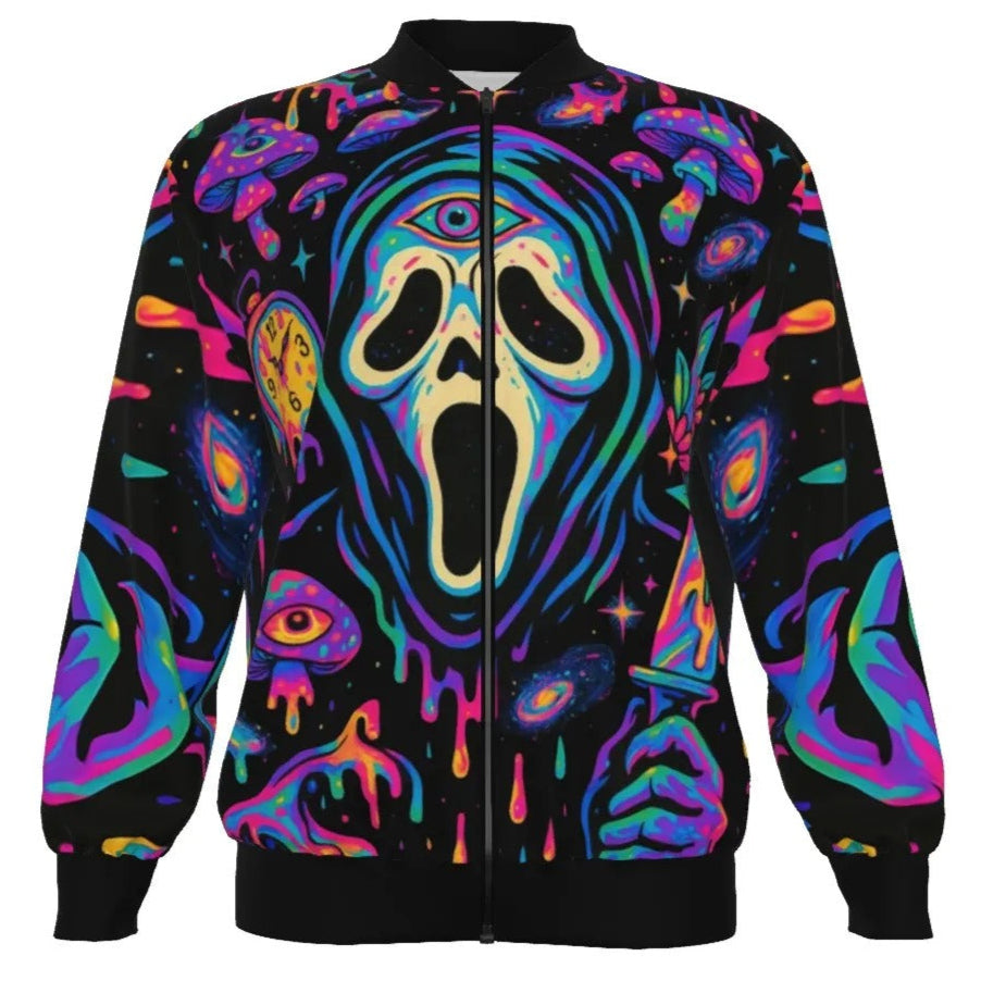 Halloween Costume Ideas, Psychedelic Halloween Mushrooms Bomber Jacket, Neon Trippy Mushroom Outerwear, Spooky Halloween Streetwear, Halloween Horror Nights