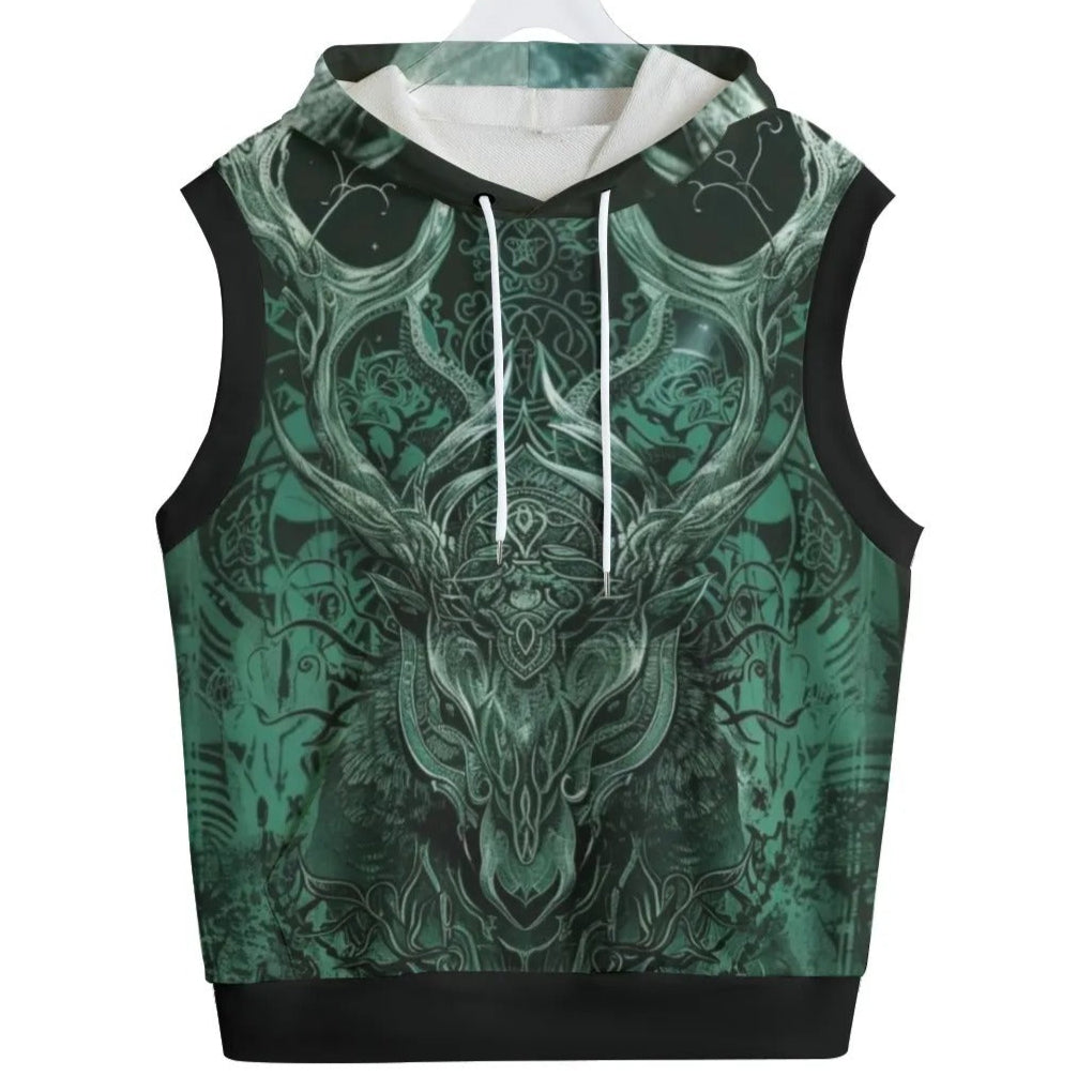 Viking Sleeveless Pullover Hoodie with Antler Design, Norse Mythology Inspired Hoodie, Tribal Graphic Festival Wear, Medieval Fantasy Clothing