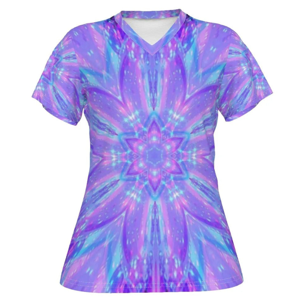 Kaleio Galaxy Women’s V-Neck Shirt, Trippy Psychedelic Space Tee, Holographic Mandala Top, Cosmic Festival Clothing for Her