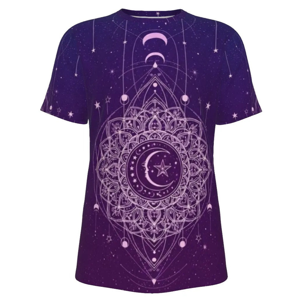 Mystic Lunar Mandala T-Shirt, Moon Phase Spiritual Tee, Celestial Lotus Graphic Shirt, Sacred Geometry Cosmic Top, Boho Mystic Style