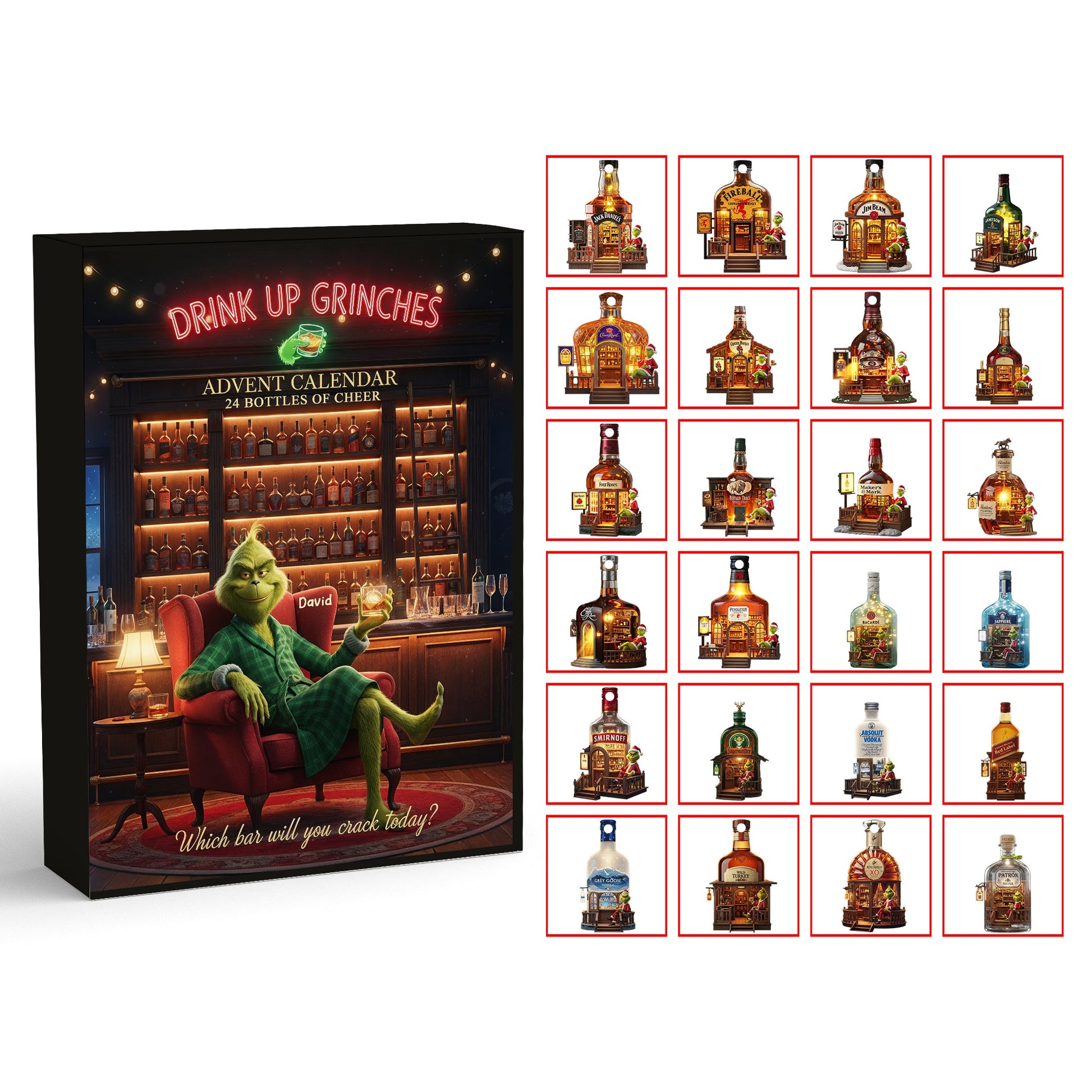 Grinch Bar Advent Calendar 2025, Drink Up Grinches Countdown, Whiskey Bottle Ornament Set, Funny Holiday Gift Box