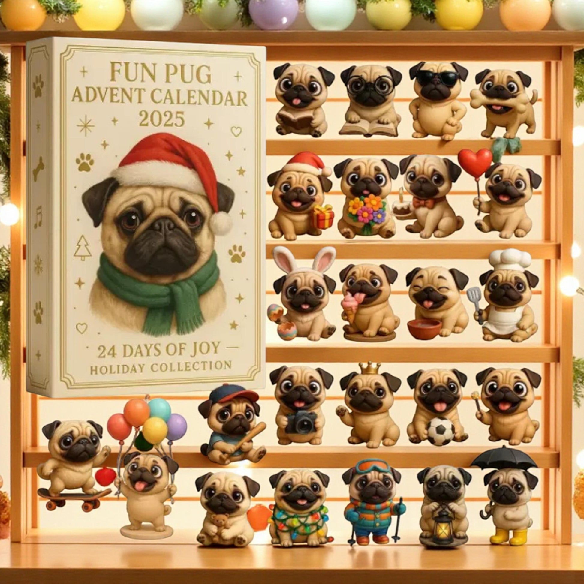 2D Acrylic Pug Advent Calendar 2025: 24 Days of Joy, Dog Christmas Countdown